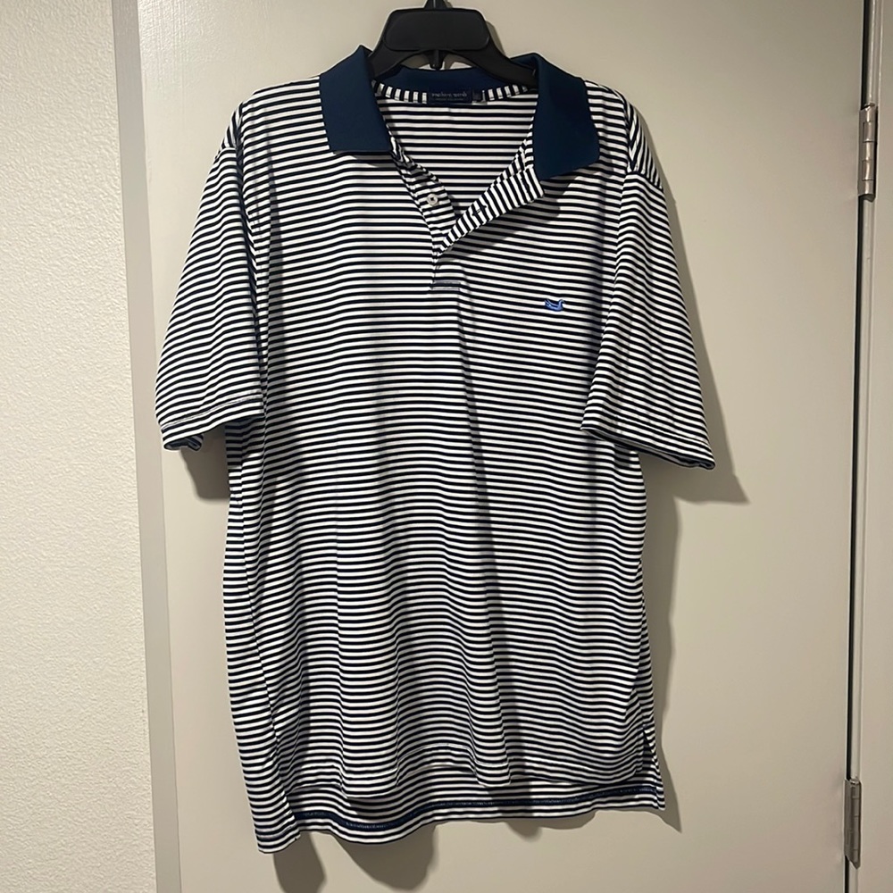 Southern Marsh Blue/White Striped Short Sleeve Polo Polyester Size Large